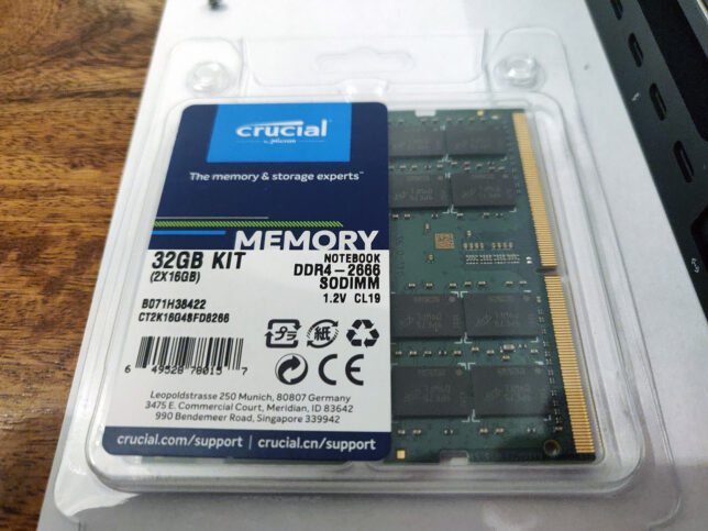 The Crucial 2 x 16GB DDR4-2666 SODIMM kit