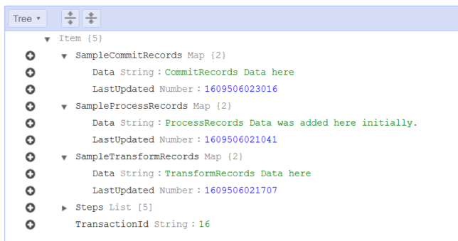 dynamodb data from sample app using saga pattern with aws-cdk