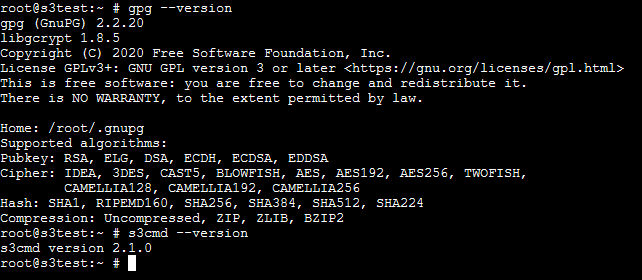 quick version checks of gpg and s3cmd