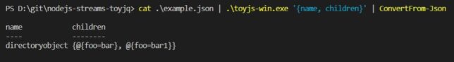 node.js stream transform example with PowerShell pipeline processing.